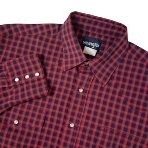 Wrangler Shirt‎ Mens Large Red Blue Plaid Pearl Snap Long Sleeve Western Cowboy